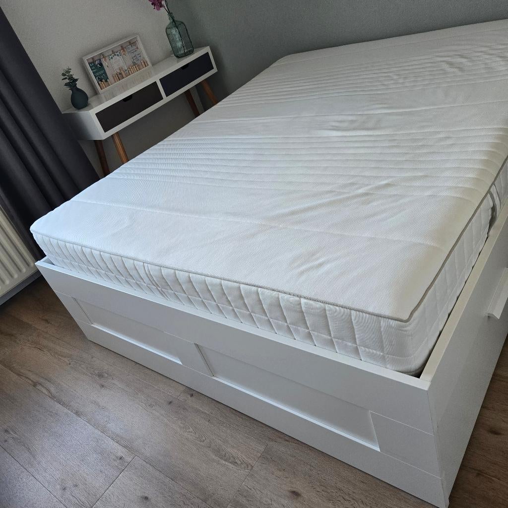 Wit ledikant met 4 lades incl matras160-200 cm, Ophalen, Overige materialen, Wit, Tweepersoons