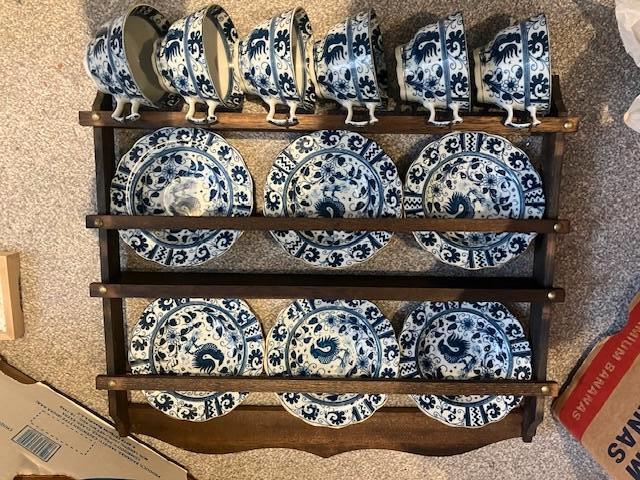 blauw witte haan theekop set 6 kop en schotel in rek, Ophalen of Verzenden