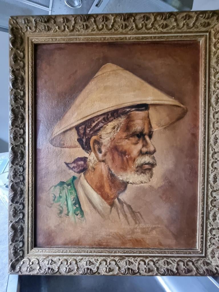 Olieverfschilderij man met Aziatische hoed, Antiek en Kunst, Ophalen of Verzenden