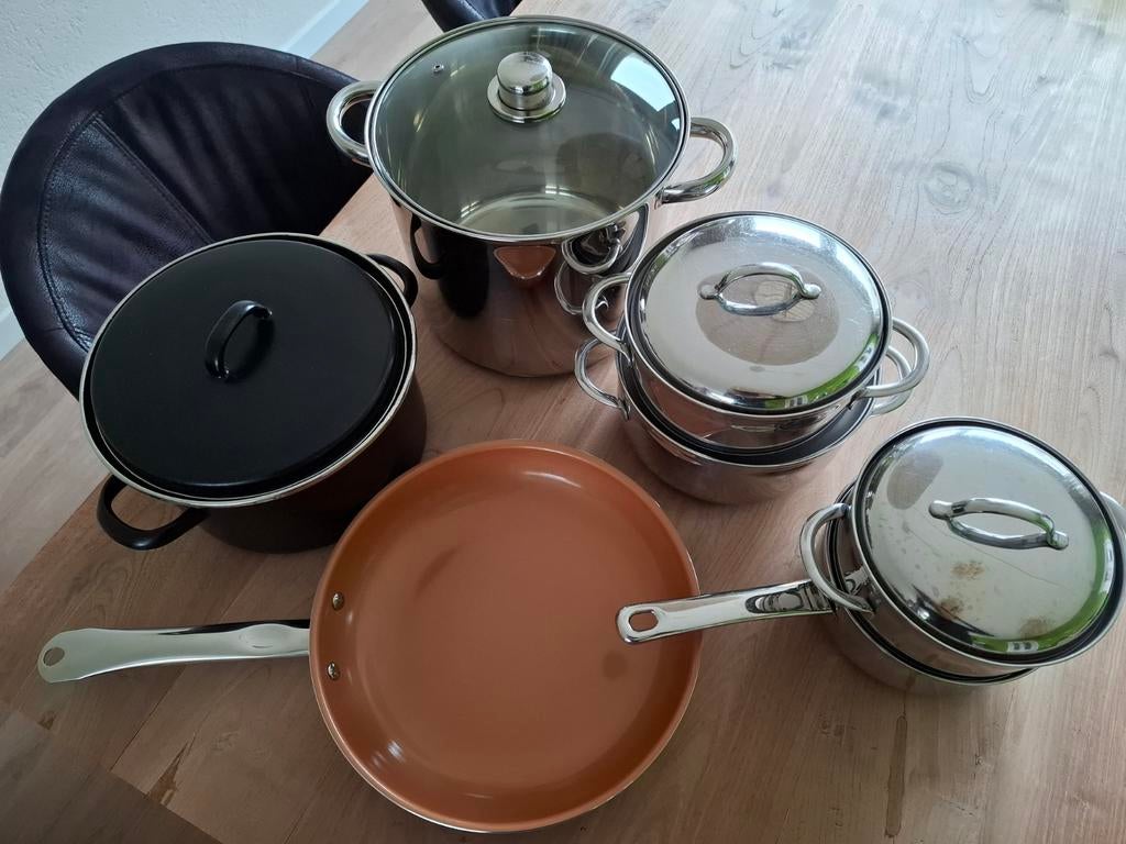 BK Pannen voor gas zie omschrijving, Ophalen, Gebruikt, Rvs, Pannenset