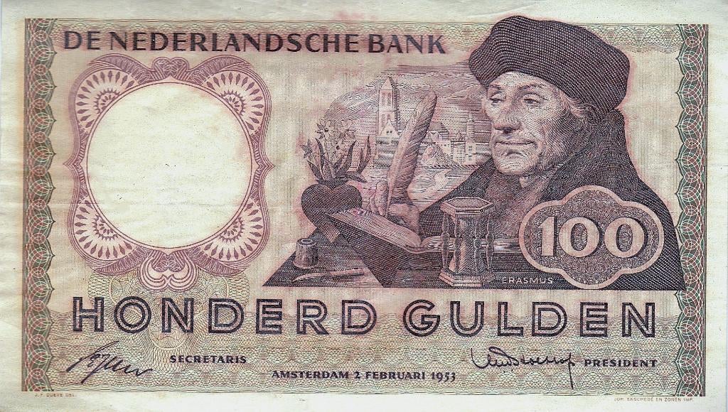 ERASMUS HONDERD GULDEN 1953    IETS VERKLEURD, Postzegels en Munten, Bankbiljetten | Nederland, Ophalen of Verzenden