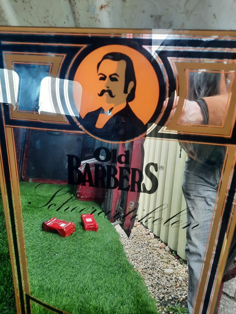 Old Barbers Scheerartikelen spiegel - Vintage reclame, Antiek en Kunst, Ophalen