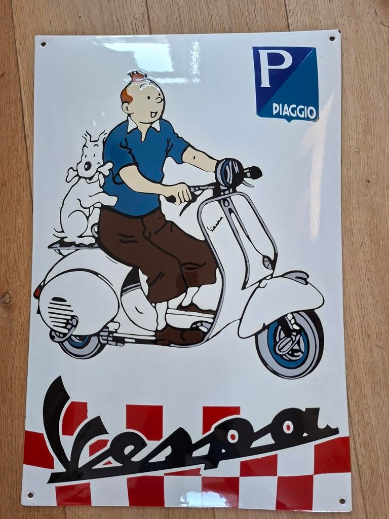 Zwaar emaille bord Kuifje op Vespa, Ophalen of Verzenden