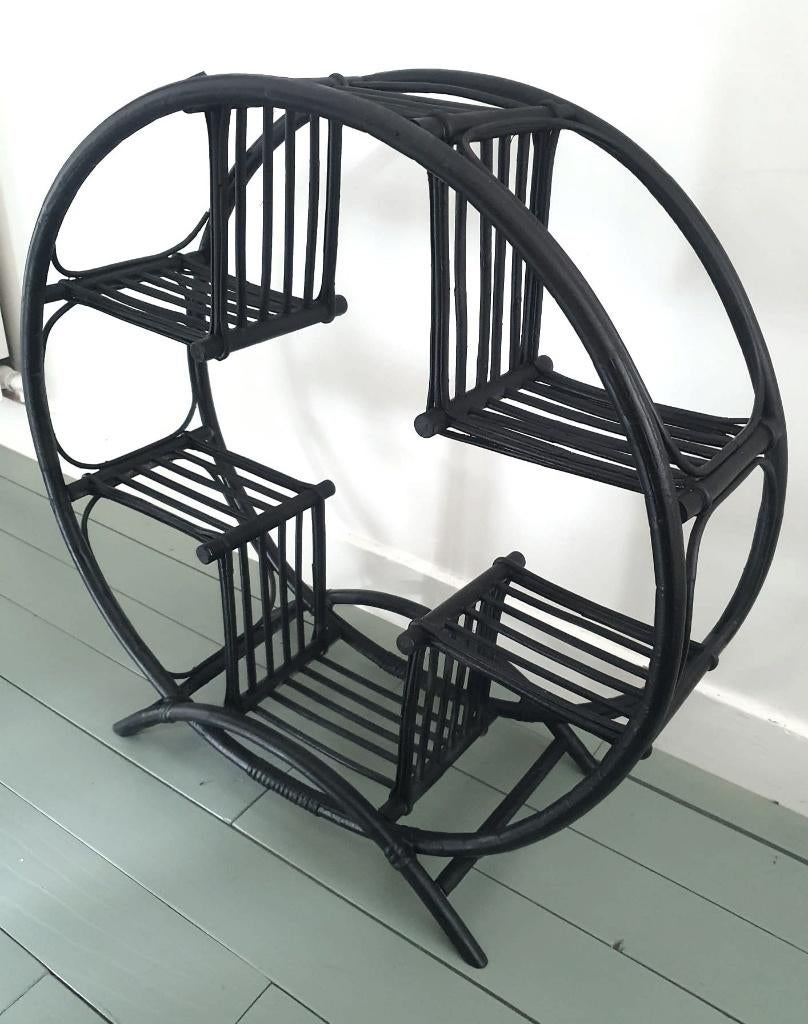 Vintage rotan / bamboe platenstandaard - japandi, Ophalen, Gebruikt