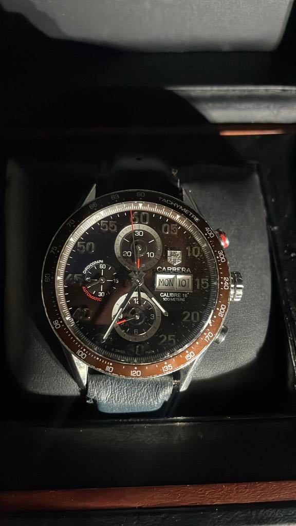 TAGHeuer carrera calibre 16 bruin mokka, Leer, Staal, Polshorloge, Ophalen of Verzenden