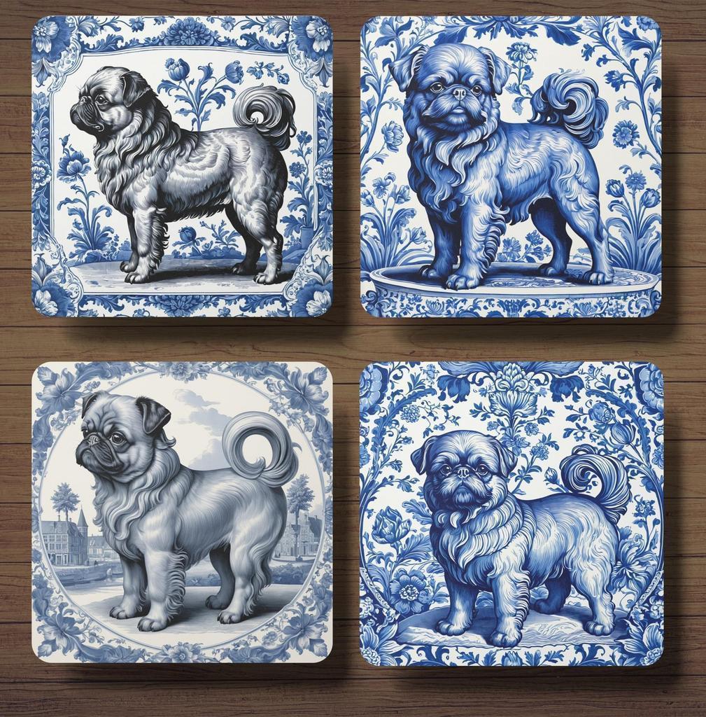 Griffon Bruxellois Delfts Blauw onderzetters met houder, Verzenden, Nieuw, Glas of Kopje