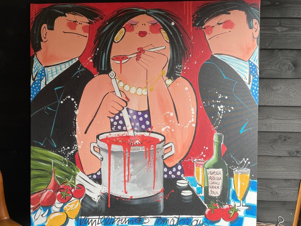 Schilderij 'Dikke Dames' - Vrolijke Keuken Scène, Antiek en Kunst, Kunst | Schilderijen | Modern, Ophalen