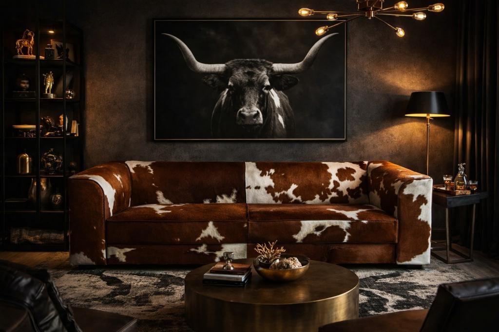 Bea bank in echt koeienhuid op maat gemaakt, Modern, Landelijk, Uniek, Ophalen of Verzenden, Rechte bank, 200 tot 250 cm