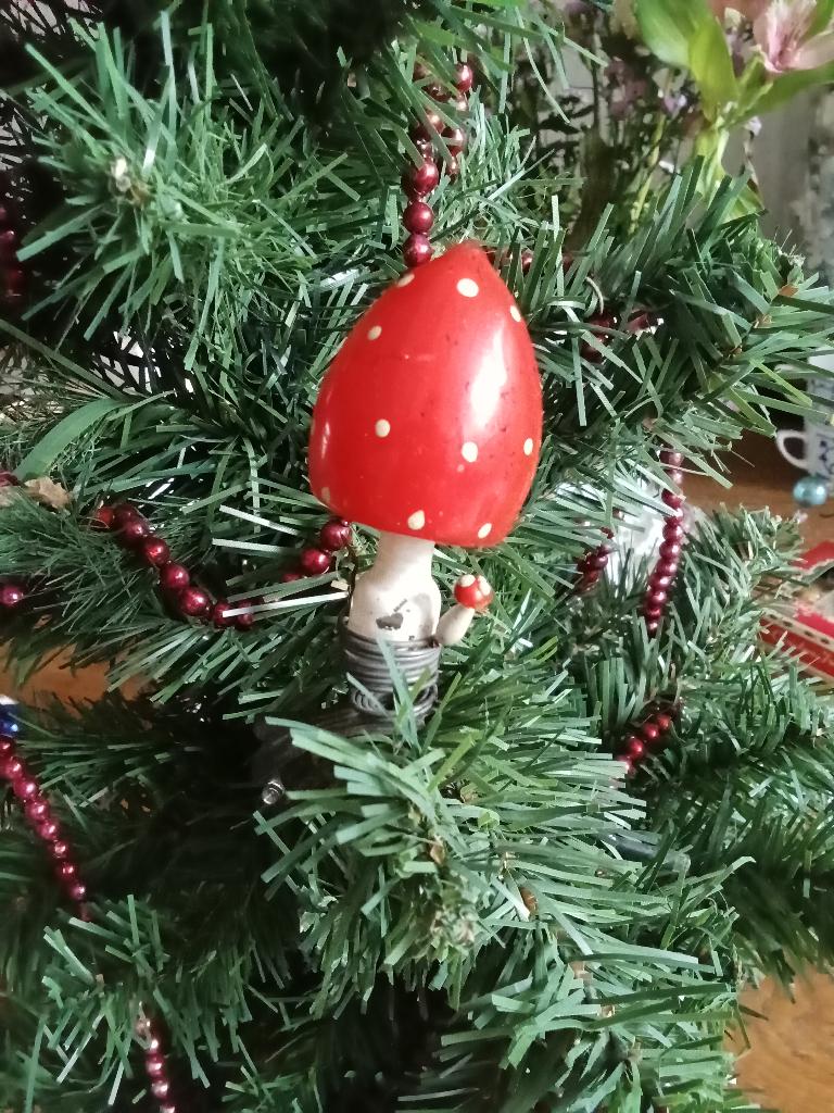 oude glazen ajeco paddestoel op clip, Diversen, Kerst, Ophalen of Verzenden, Gebruikt