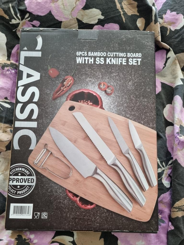 Mes messenset met dunschiller en bamboe snijplank nieuw!, Ophalen of Verzenden