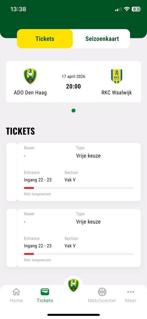 2x Voetbal tickets ADO - RKC 17 april 20uur, Losse kaart, Twee personen, April