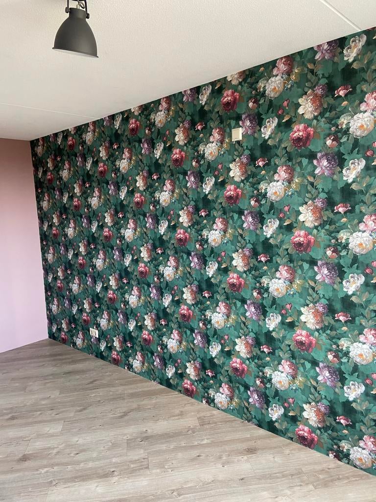 Vintage Bloemen Behang - Donkergroen met Rozen, Ophalen, Groen, Rol van 10 meter