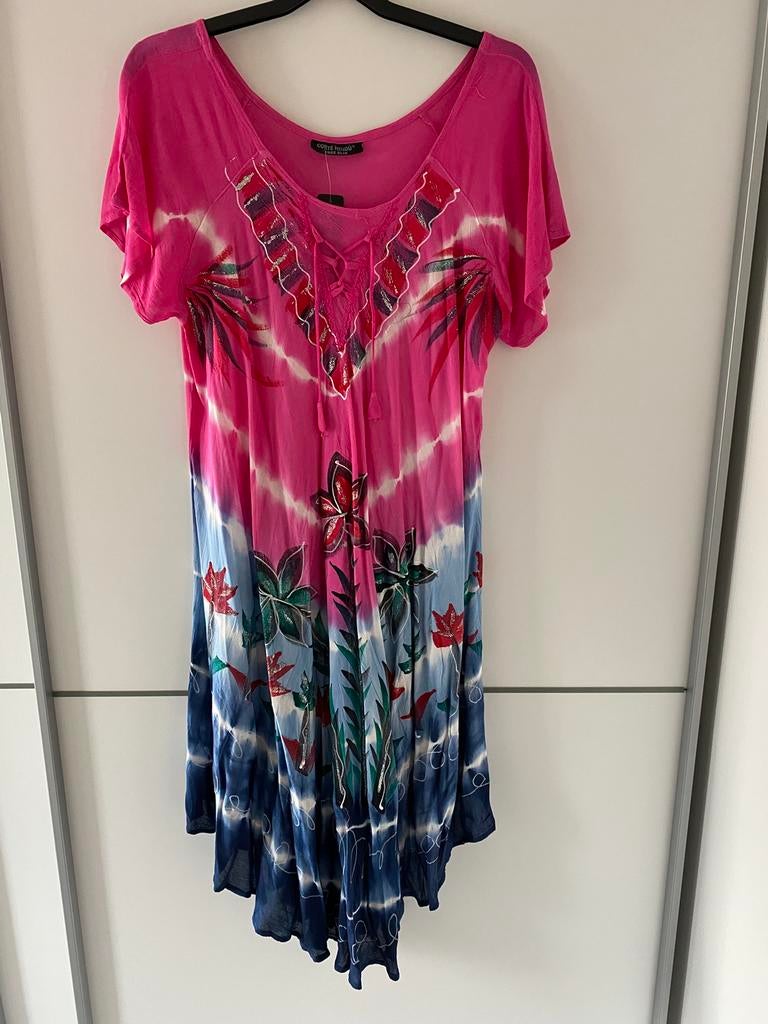 Roze blauwe jurk met glitter bloemen, Maat 46/48 (XL) of groter, Nieuw, Ophalen of Verzenden, Roze