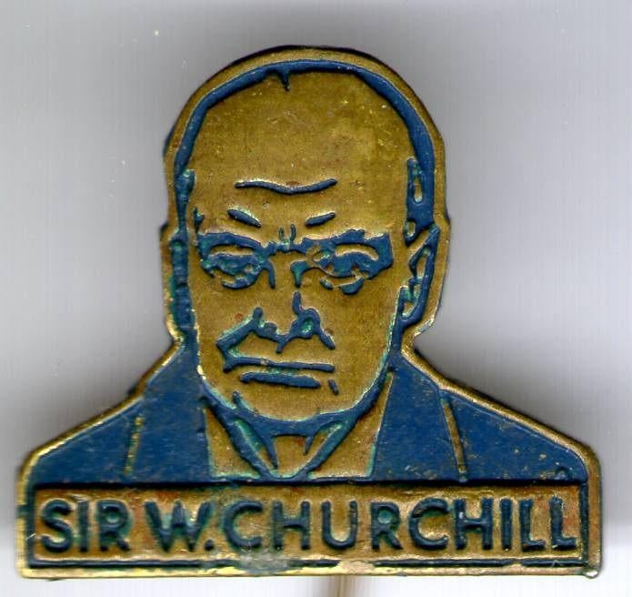 Sir W. Churchill blauw op koper speldje ( R_082 ), Verzamelen, Speldjes, Pins en Buttons, Verzenden, Zo goed als nieuw, Figuurtje