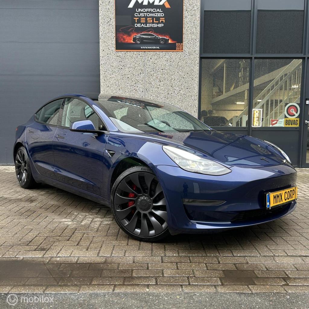 Tesla Model 3 Performance + MMX Pack + IAP, Auto's, Tesla, Automaat, Gebruikt, Zwart, Blauw
