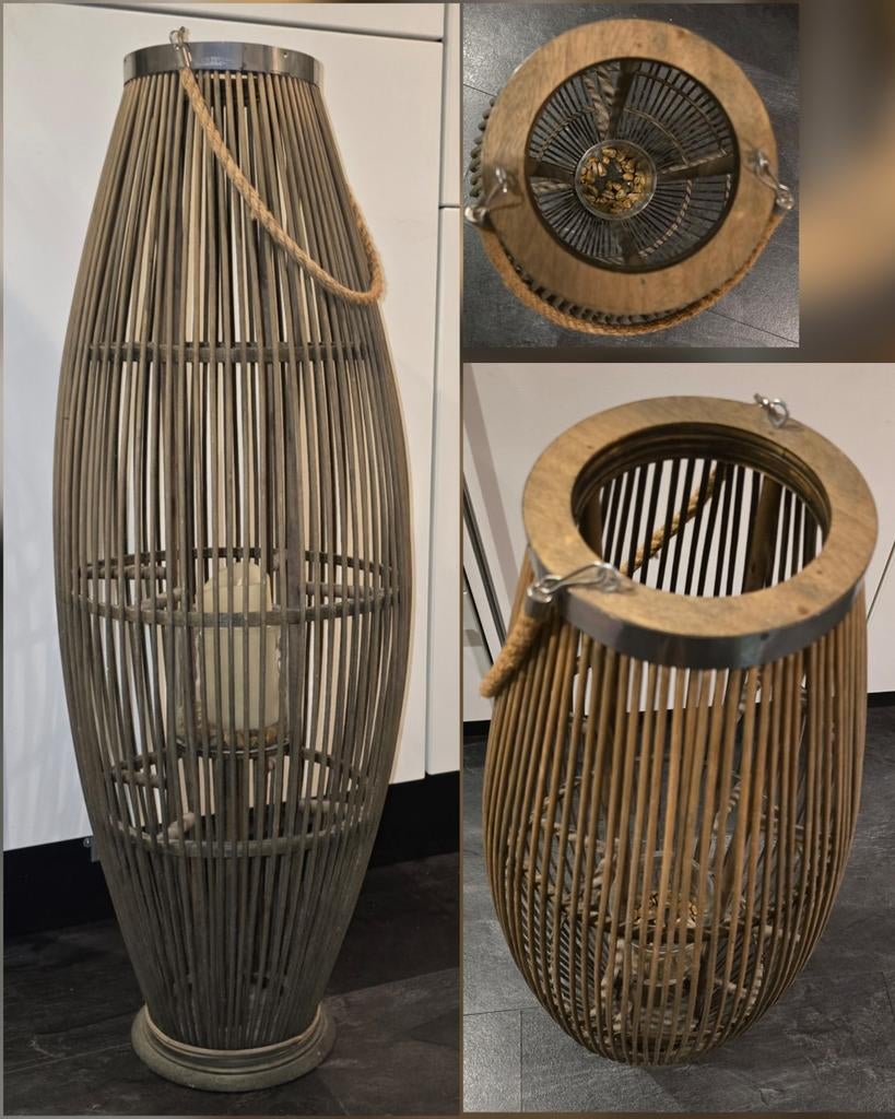 Bamboe kaarsenstandaard met spijlen, geeft leuk licht effect, Ophalen of Verzenden, Zo goed als nieuw, Kandelaar, Hout