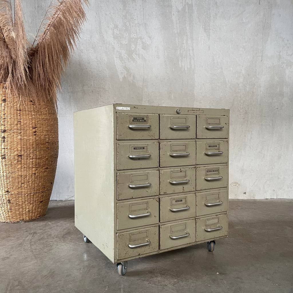 Oude ladekast, vintage archiefkast, Franse Flambo kast, Ophalen, 5 laden of meer, 50 tot 100 cm, Zo goed als nieuw