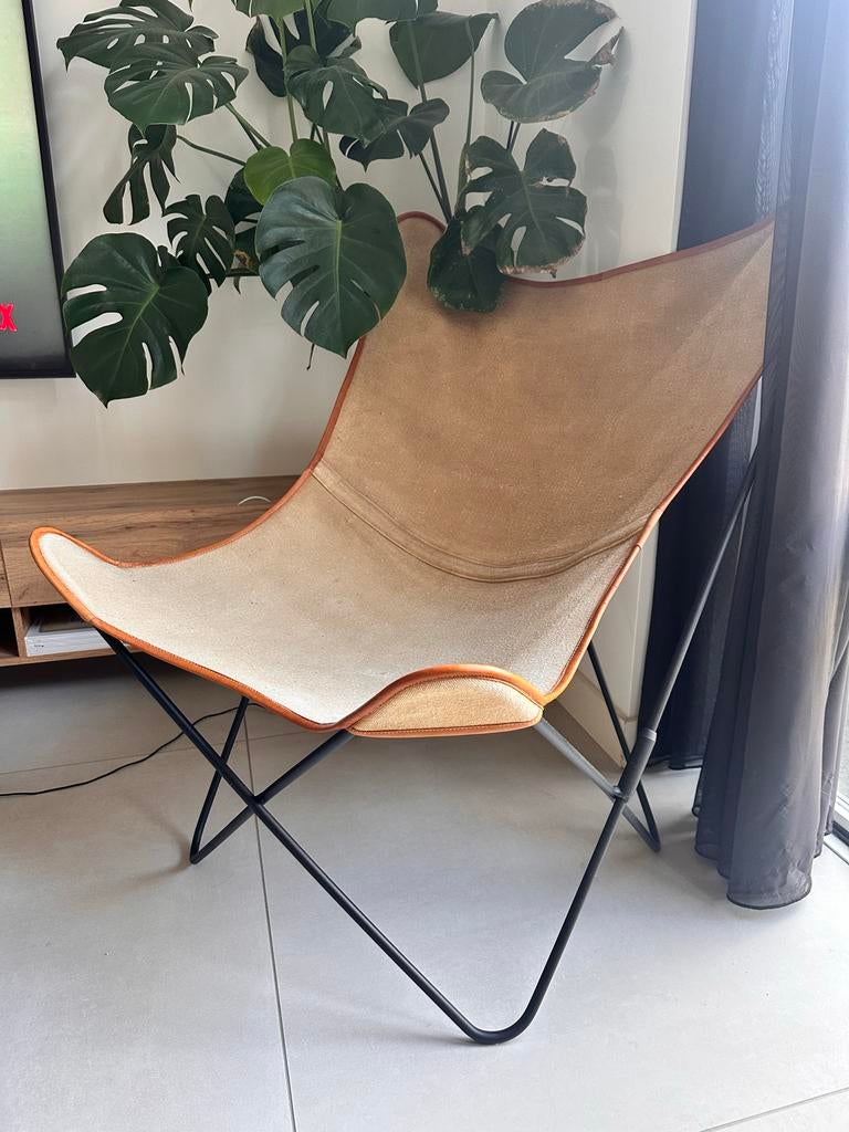 Vlinderstoel / Butterfly Chair - Beige Canvas, Bruin, Ophalen of Verzenden, Zo goed als nieuw, Metaal