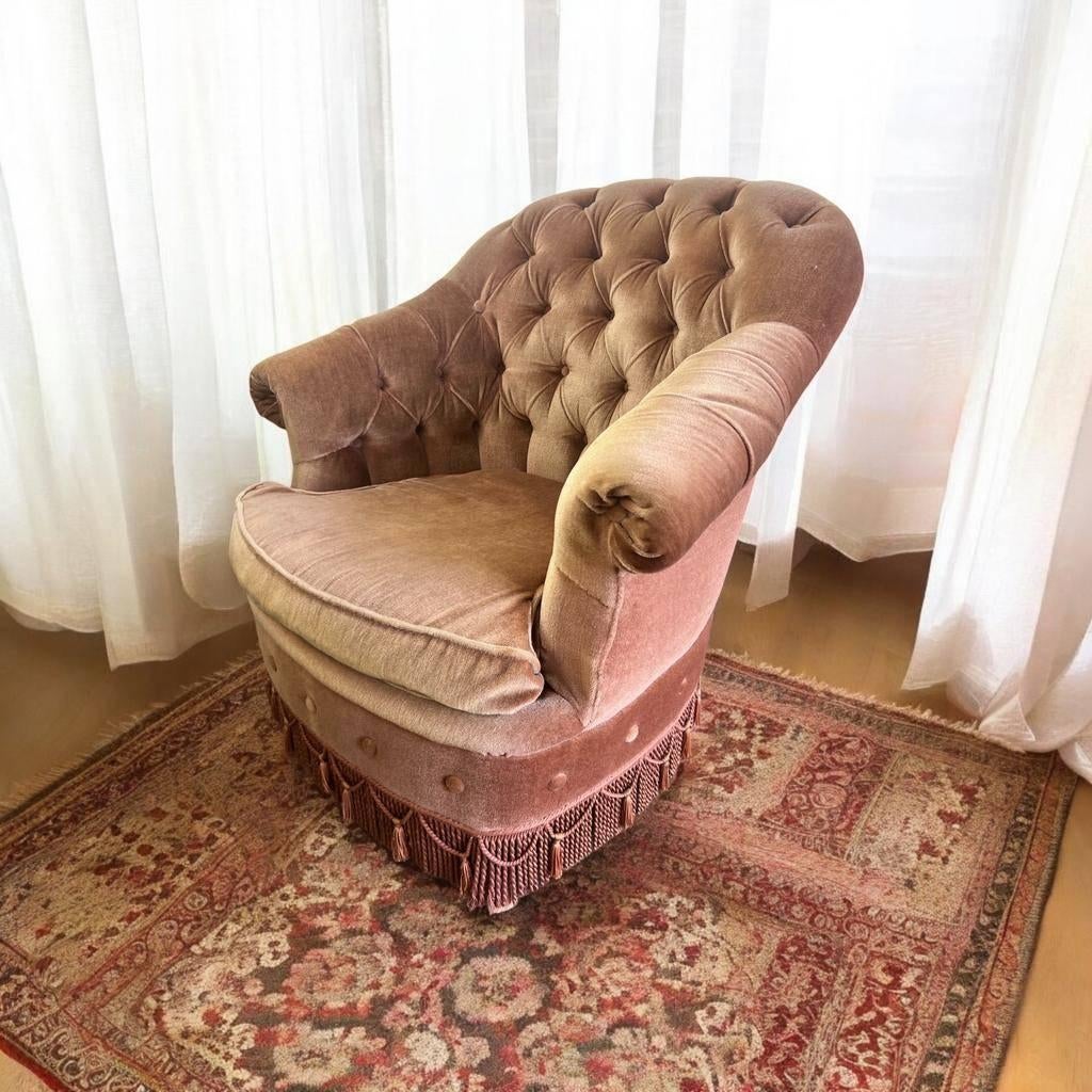Vintage oudroze fauteuil / eenzit met franjes, Ophalen