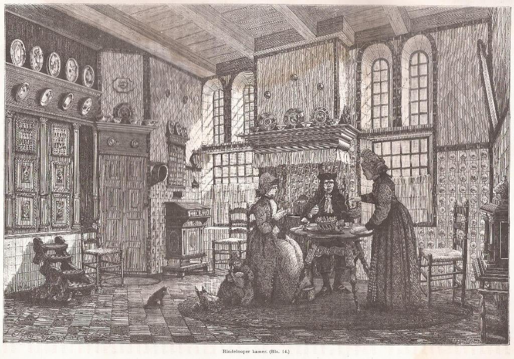 Hindeloopen Hindelooper Kamer Houtgravure ca. 1880, Antiek en Kunst, Ophalen of Verzenden