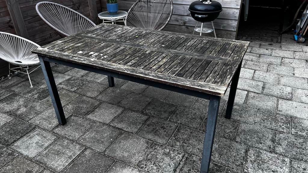 Robuuste houten tuintafel met aluminium onderstel, Tuin en Terras, Tuintafels, Gebruikt, Rechthoekig, Hout, Ophalen