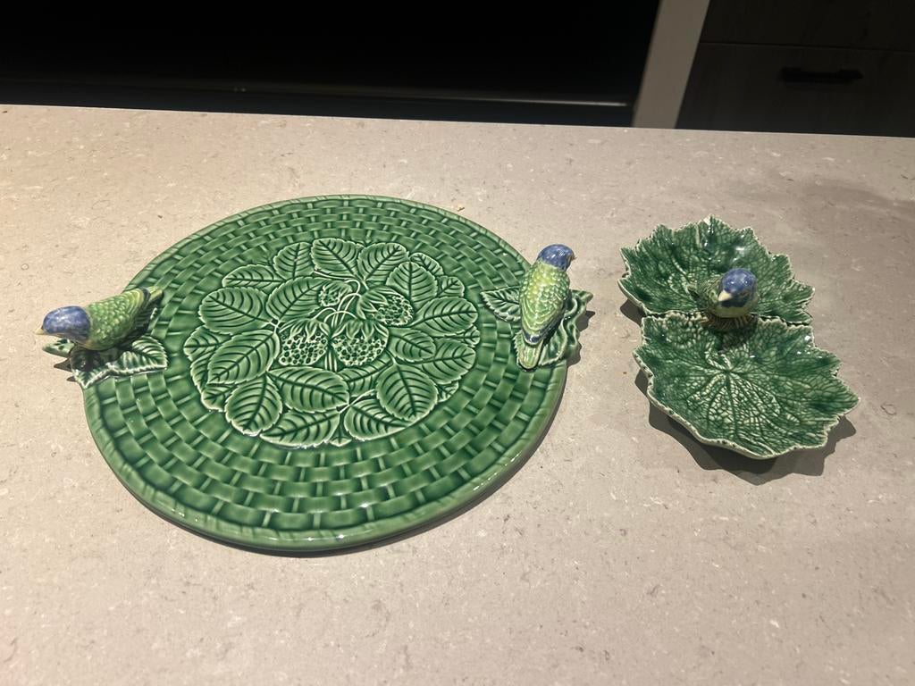 Groene schalen met vogels, Gebruikt, Porselein of Keramiek, Schaal, Rond