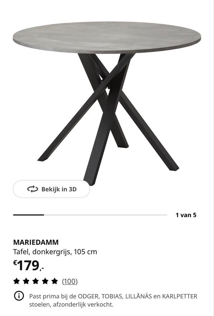 Ronde eettafel donkergrijs 105 cm (IKEA MARIEDAMM), Huis en Inrichting, Tafels | Eettafels, Zo goed als nieuw, 100 tot 150 cm