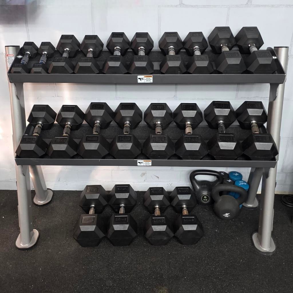 Tuffstuff Evolution USA Dumbell rek + Dumbells set 2.5-25kg., Sport en Fitness, Ophalen, Zo goed als nieuw, Rug, Dumbbell