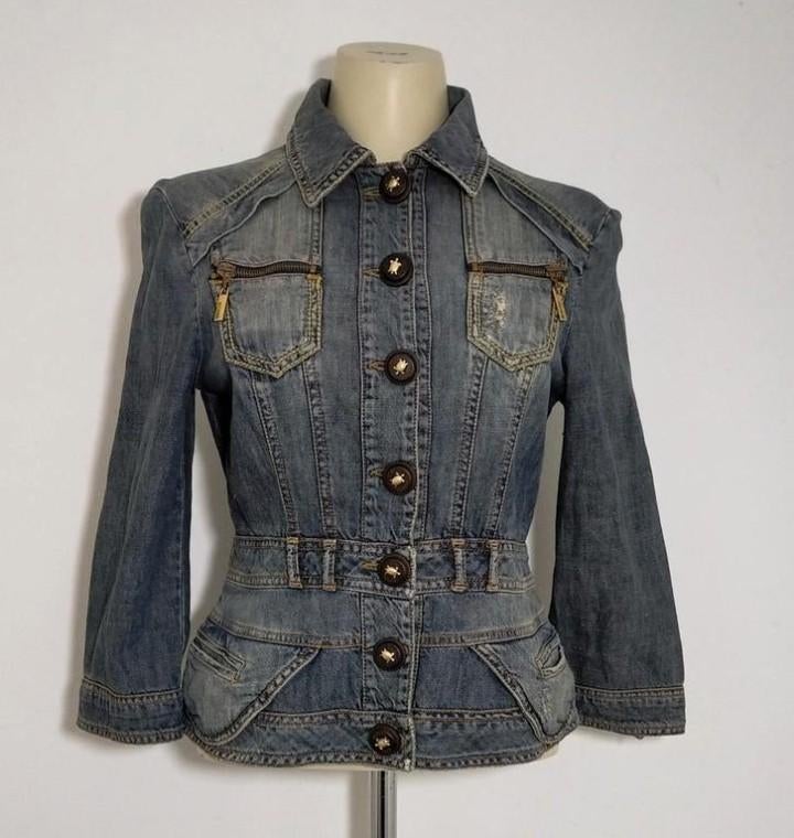 "Damaged" blauw spijkerjasje van Just (Roberto) Cavalli, Verzenden, Gedragen, Maat 34 (XS) of kleiner, Blauw