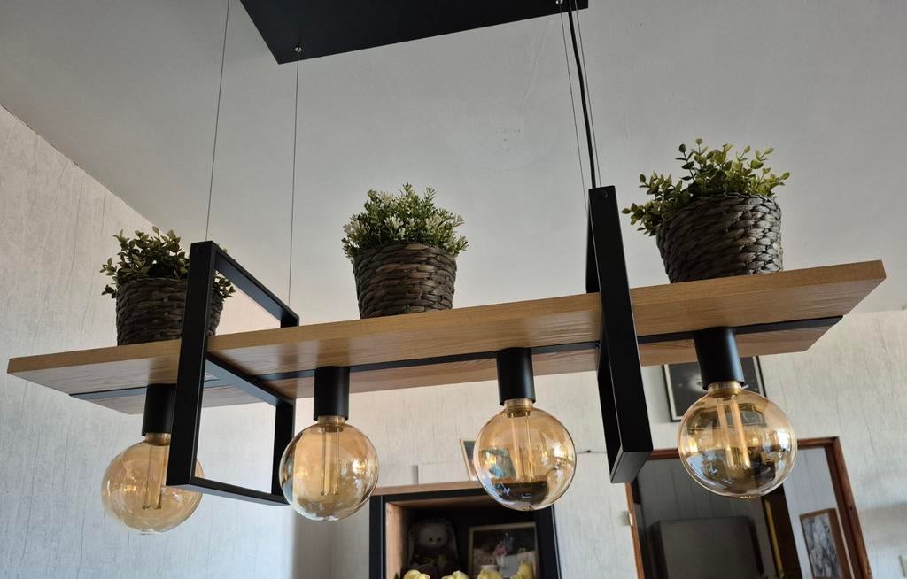 Hanglamp met houten plank en 4 lampen, Ophalen of Verzenden, Zo goed als nieuw, Minder dan 50 cm