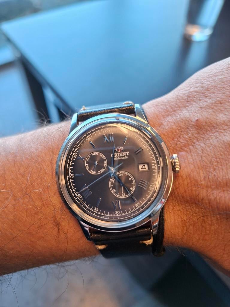 Orient Bambino in zeer goede staat, Overige merken, Leer, Staal, Polshorloge