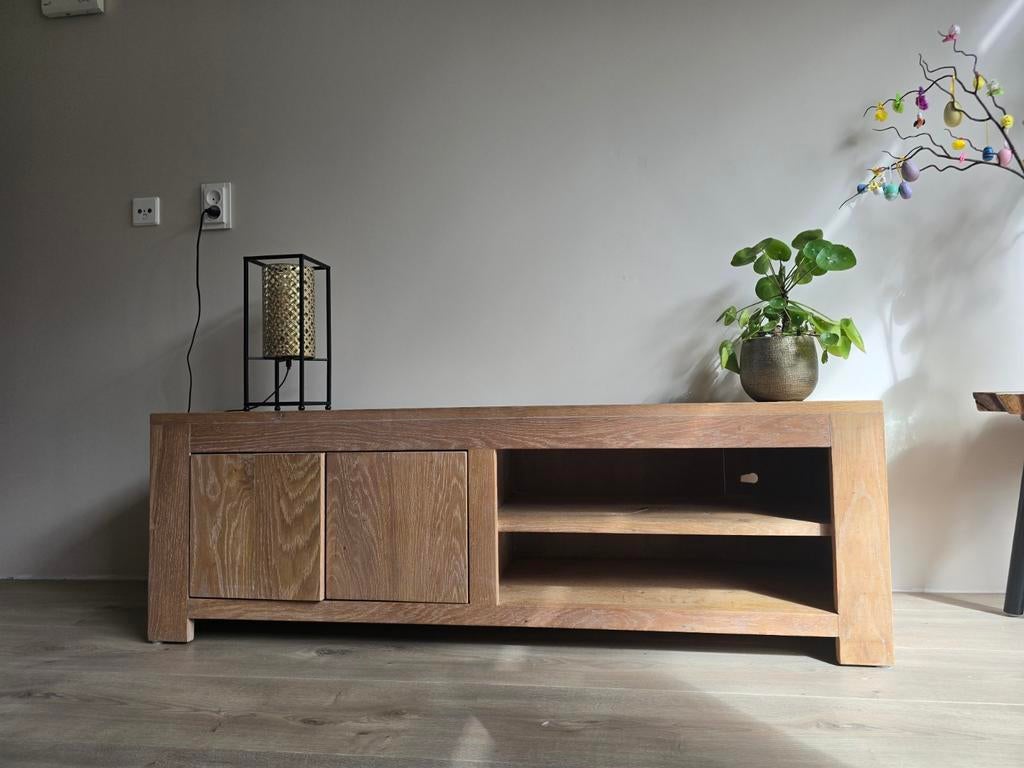 Massief Eiken TV Meubel 140x44 cm, Ophalen, Gebruikt, 100 tot 150 cm, Eikenhout
