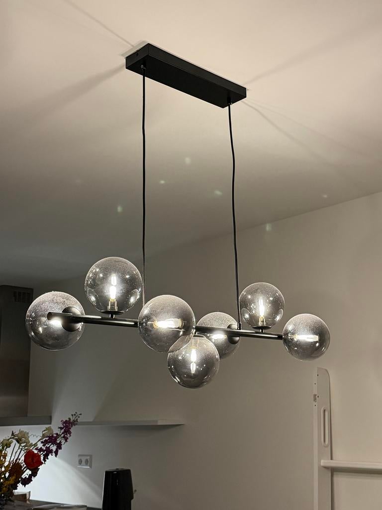 Hanglamp met 7 glazen bollen, Ophalen, Zo goed als nieuw, Glas, 50 tot 75 cm