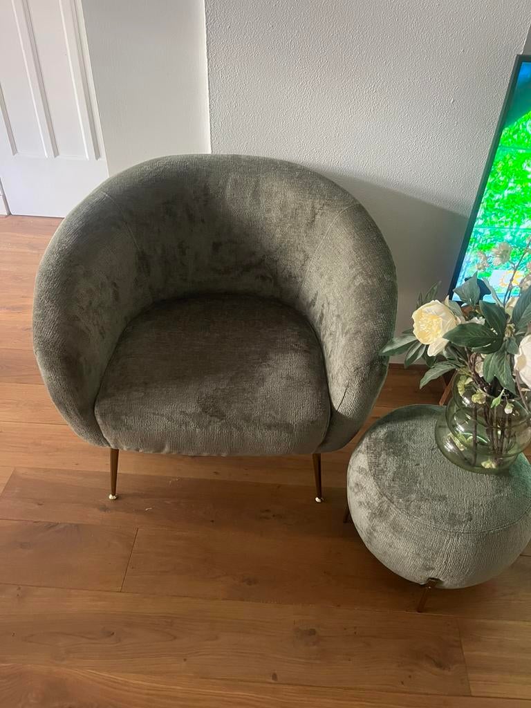 Fauteuil donker groen olfijngroen met poef, Huis en Inrichting, Fauteuils, Ophalen of Verzenden, Zo goed als nieuw, 75 tot 100 cm