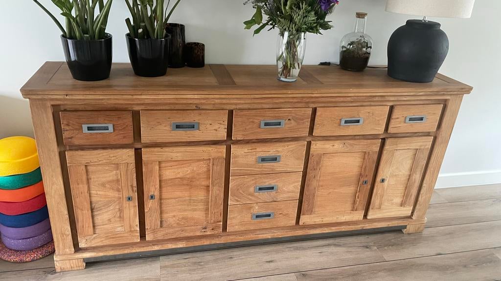 Massief blank teakhouten dressoir, Ophalen, Gebruikt, Teakhout, 200 cm of meer