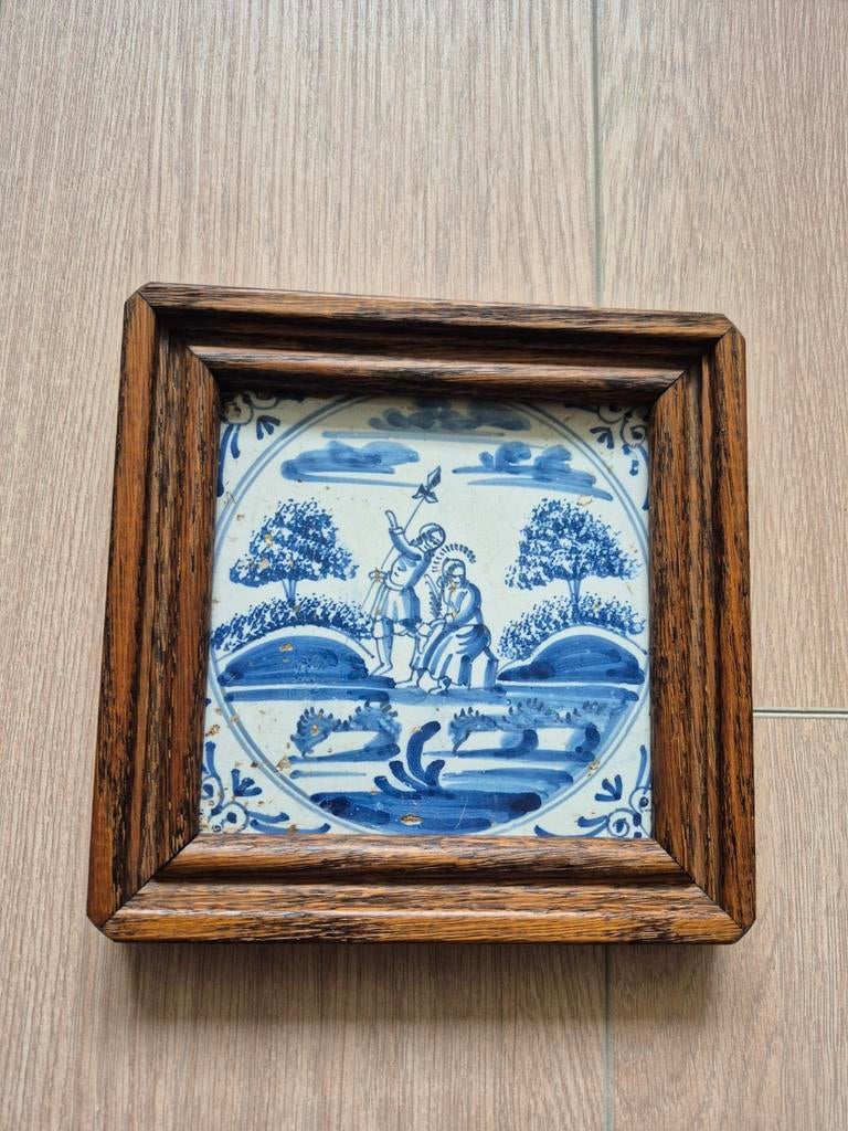 Antiek Delfts Blauw Tegel in Houten Lijst, Ophalen of Verzenden
