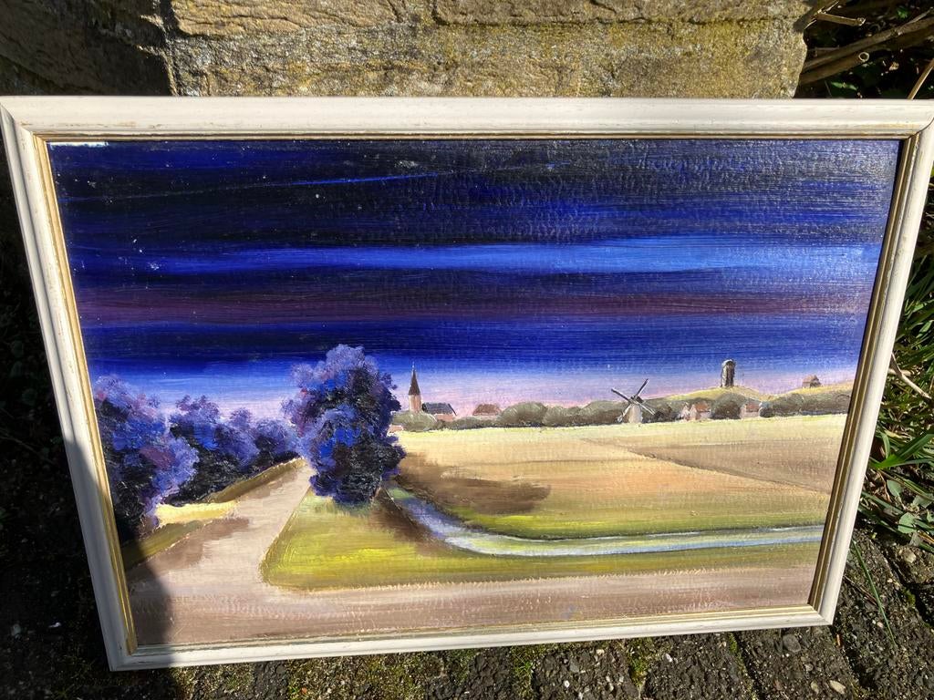 Schilderij in Blauw - Landschap met Molen 45x33 cm, Antiek en Kunst, Kunst | Schilderijen | Klassiek, Ophalen of Verzenden