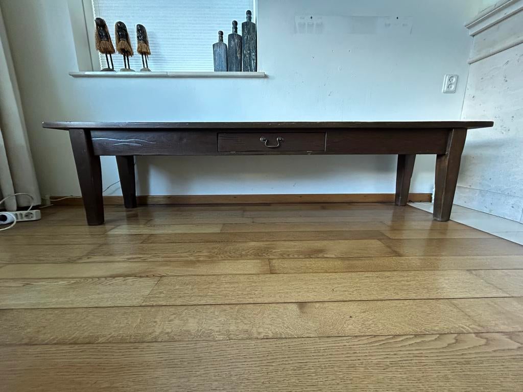 Donkerbruine houten tafel met lade, Ophalen, Gebruikt, 50 tot 100 cm, 150 tot 200 cm