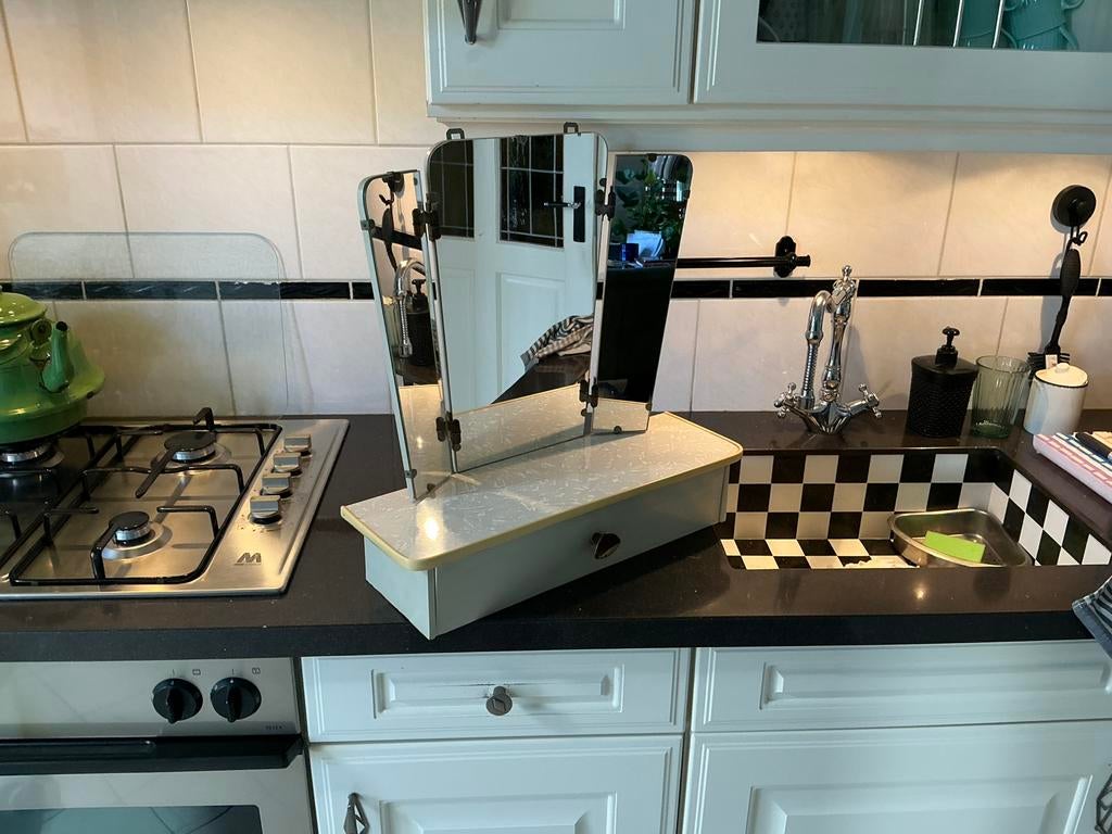 Art deco 3 luik spiegel met formica blad, Ophalen of Verzenden, Huis en Inrichting