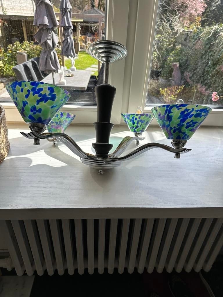 Art deco hanglamp kroonluchter met 4 lichtpunten, Ophalen of Verzenden, Gebruikt, Glas