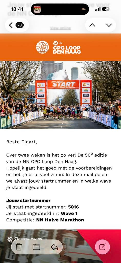 Startnummer CPC halve marathon | startwave 1 | locker, Eén persoon