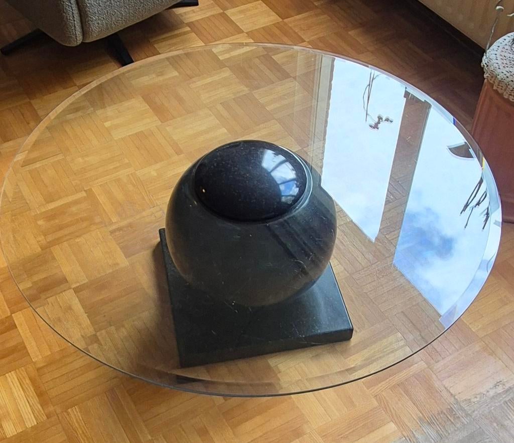 Glazen salontafel met natuursteen voet, Ophalen, Rond, Minder dan 50 cm, 100 tot 150 cm