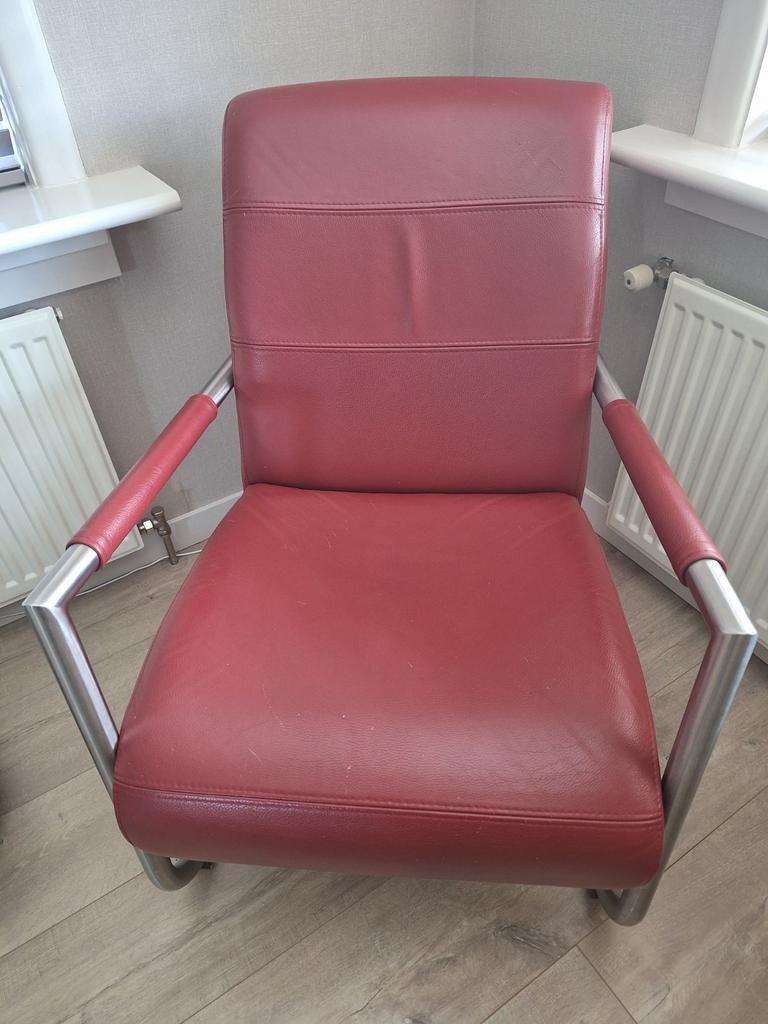 2x Henders & Hazel Angelica fauteuils - Rood leer/RVS, Ophalen, Gebruikt, 75 tot 100 cm, Modern