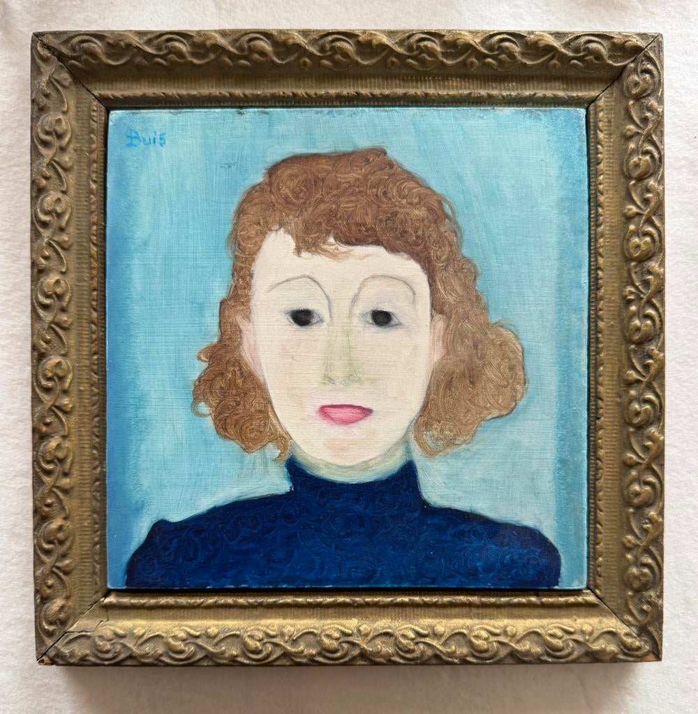 Portret dame in blauw olieverf op paneel, Ophalen of Verzenden