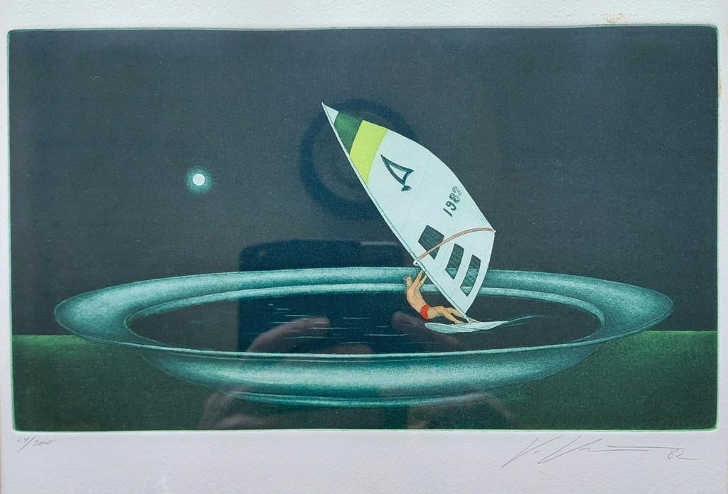 Volker Khun kleuren ets kunstwerk gesigneerd 24/300, Antiek en Kunst, Ophalen of Verzenden