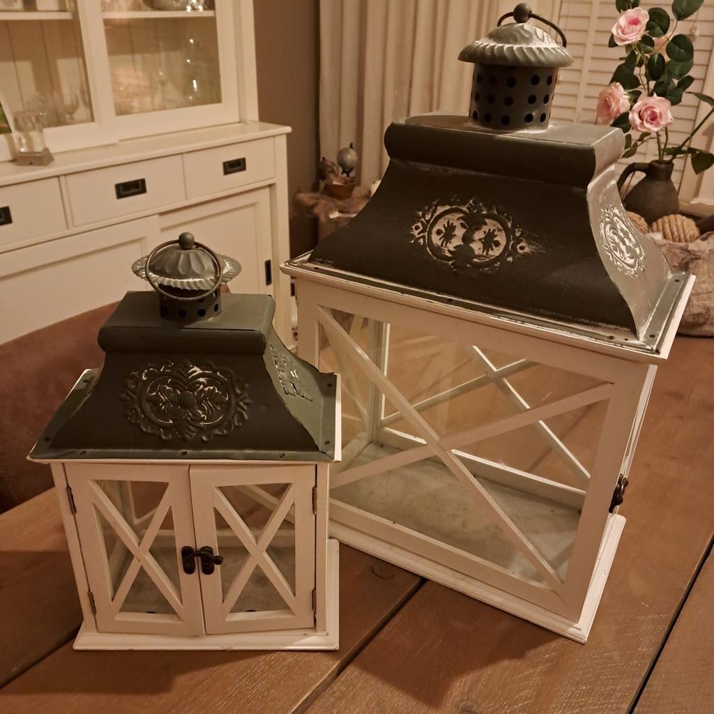 Set van 2 sfeervolle lantaarns, wit met donkergroen, Ophalen, Zo goed als nieuw