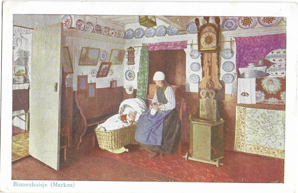 Marken, Binnenhuisje, wieg, baby, vrouw, klederdracht, Verzenden, 1940 tot 1960, Ongelopen, Noord-Holland
