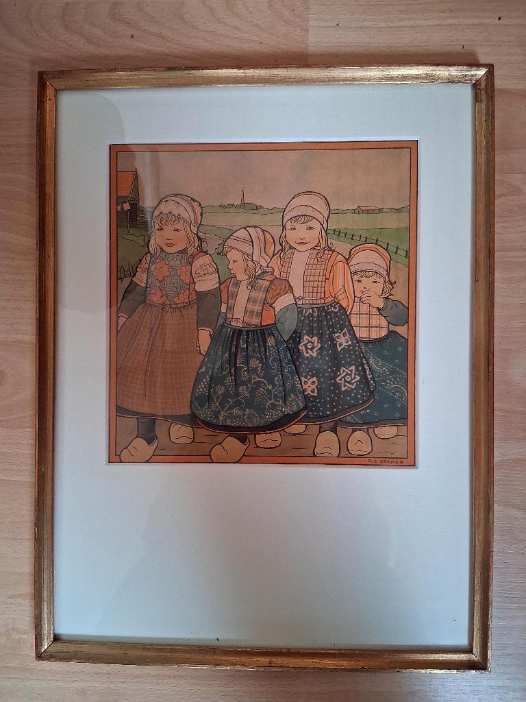 Rie Cramer-ingelijste reproductie 23x22 cm. met lijst 33X41, Gebruikt, Ophalen of Verzenden, Voor 1940, Prent