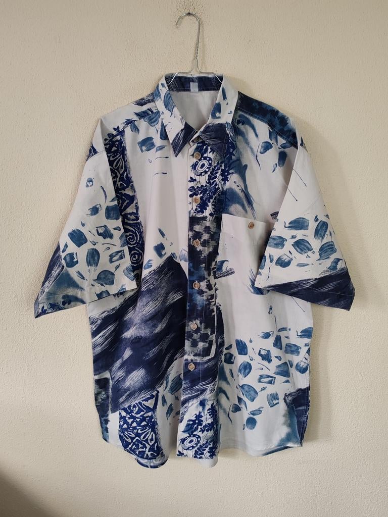 Vintage overhemd / shirt / print / blauw / wit / 2XL / 3XL, Kleding | Heren, Overhemden, Albert Cuypstr 168a, Blauw, Vintage, Ophalen of Verzenden