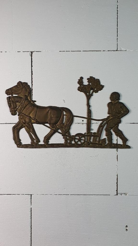Antiek messing wandplaat, boer, paarden en ploeg. 7A11, Ophalen of Verzenden